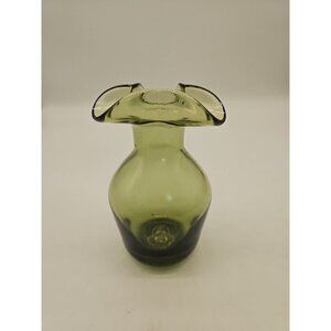 Hand Blown Glass Green Avocado Ruffled Rimmed 5.5” Vase In EUC